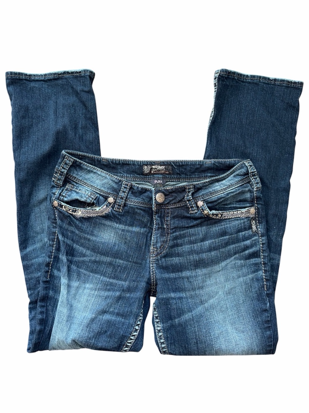 Silver Jeans Co Suki Mid Baby Bootcut Jeans Blue Denim Embellished Pocket Y2K